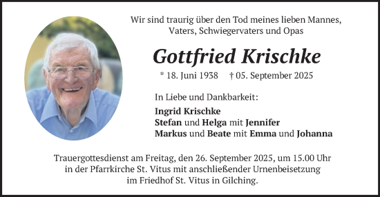 Traueranzeige von Gottfried Krischke von merkurtz