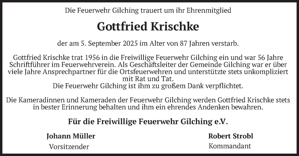  Traueranzeige für Gottfried Krischke vom 20.09.2025 aus merkurtz