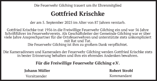 Traueranzeige von Gottfried Krischke von merkurtz