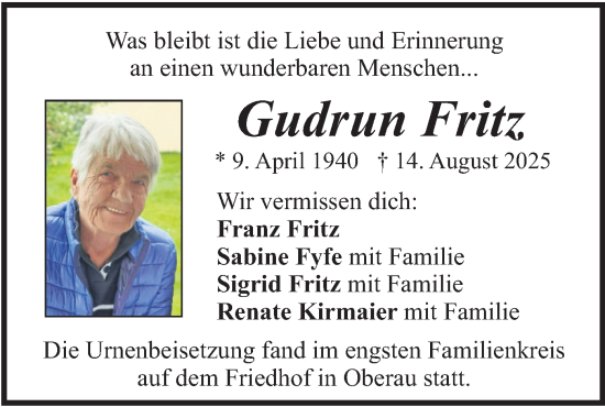 Traueranzeige von Gudrun Fritz von merkurtz