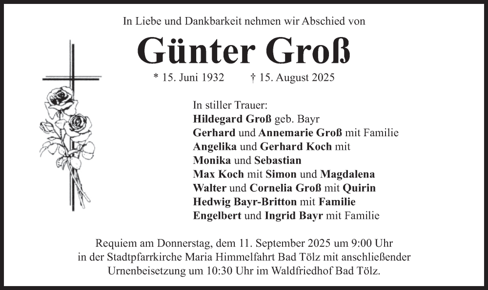  Traueranzeige für Günter Groß vom 06.09.2025 aus merkurtz