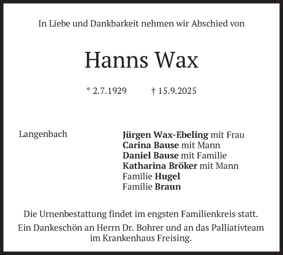 Traueranzeige von Hanns Wax von merkurtz