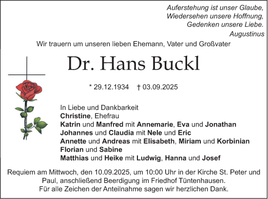 Traueranzeige von Hans Buckl von merkurtz