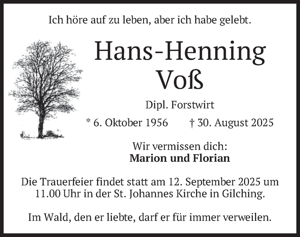  Traueranzeige für Hans-Henning Voß vom 06.09.2025 aus merkurtz
