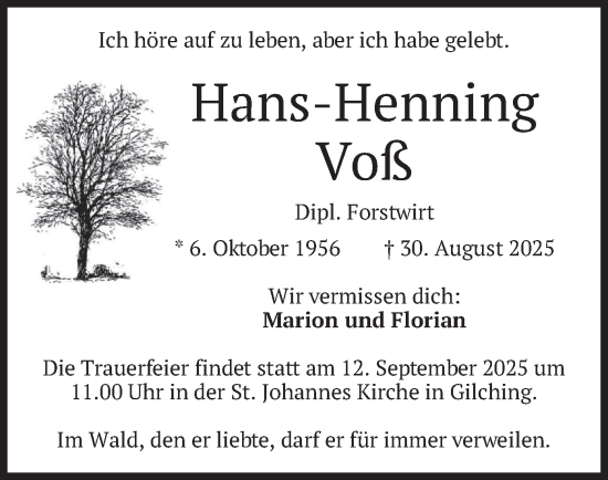Traueranzeige von Hans-Henning Voß von merkurtz
