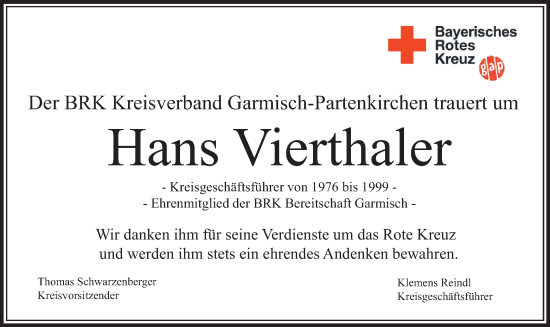Traueranzeige von Hans Vierthaler von merkurtz