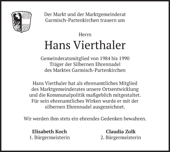 Traueranzeige von Hans Vierthaler von merkurtz