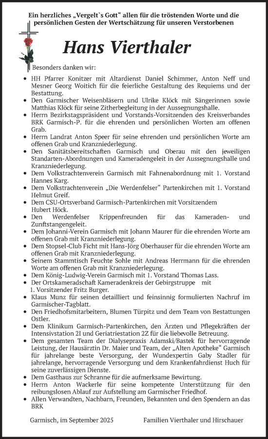 Traueranzeige von Hans Vierthaler von merkurtz