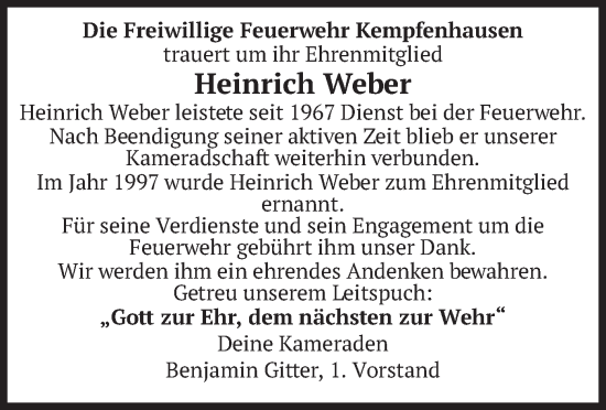 Traueranzeige von Heinrich Weber von merkurtz