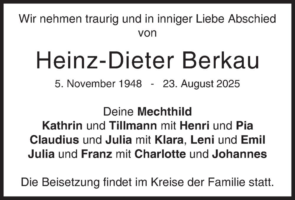  Traueranzeige für Heinz-Dieter Berkau vom 06.09.2025 aus merkurtz