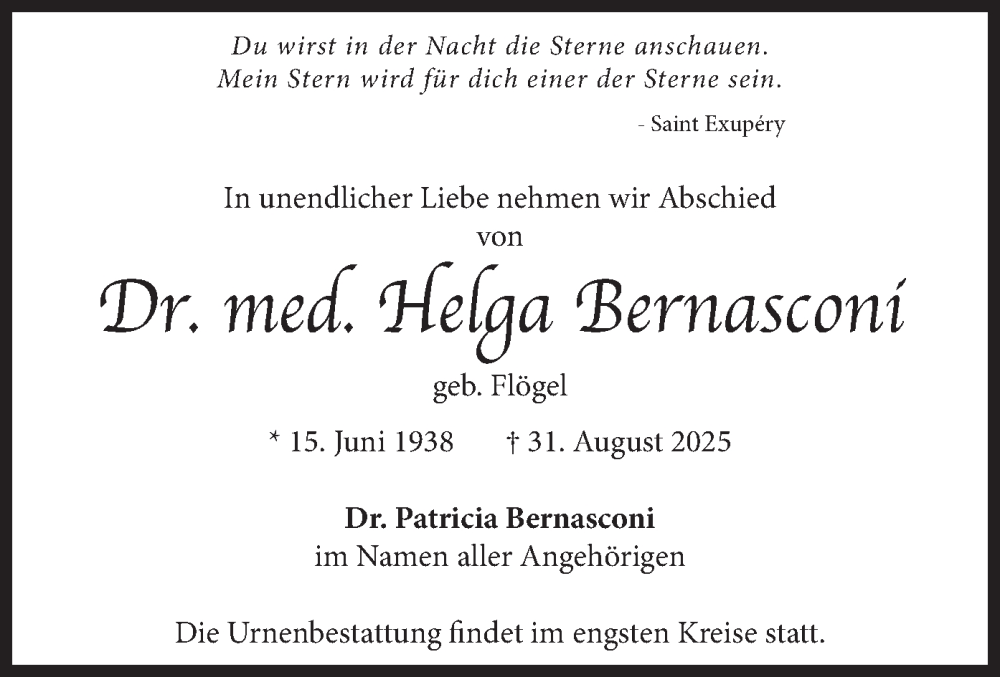  Traueranzeige für Helga Bernasconi vom 27.09.2025 aus merkurtz