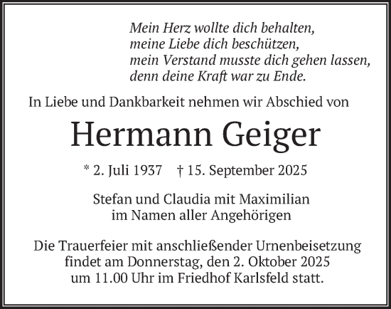 Traueranzeige von Hermann Geiger von merkurtz