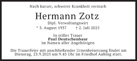 Traueranzeige von Hermann Zotz von merkurtz