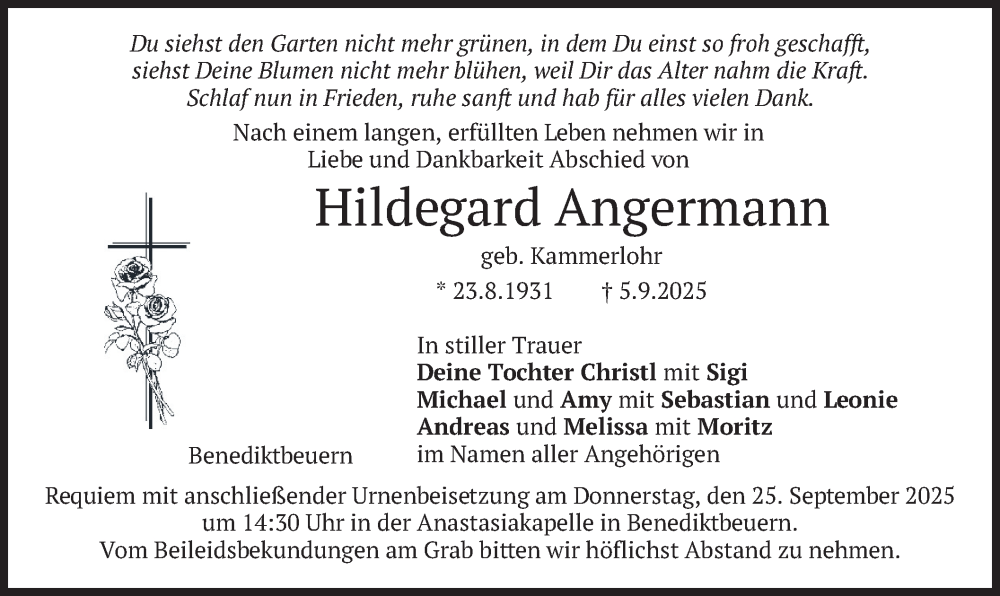  Traueranzeige für Hildegard Angermann vom 20.09.2025 aus merkurtz