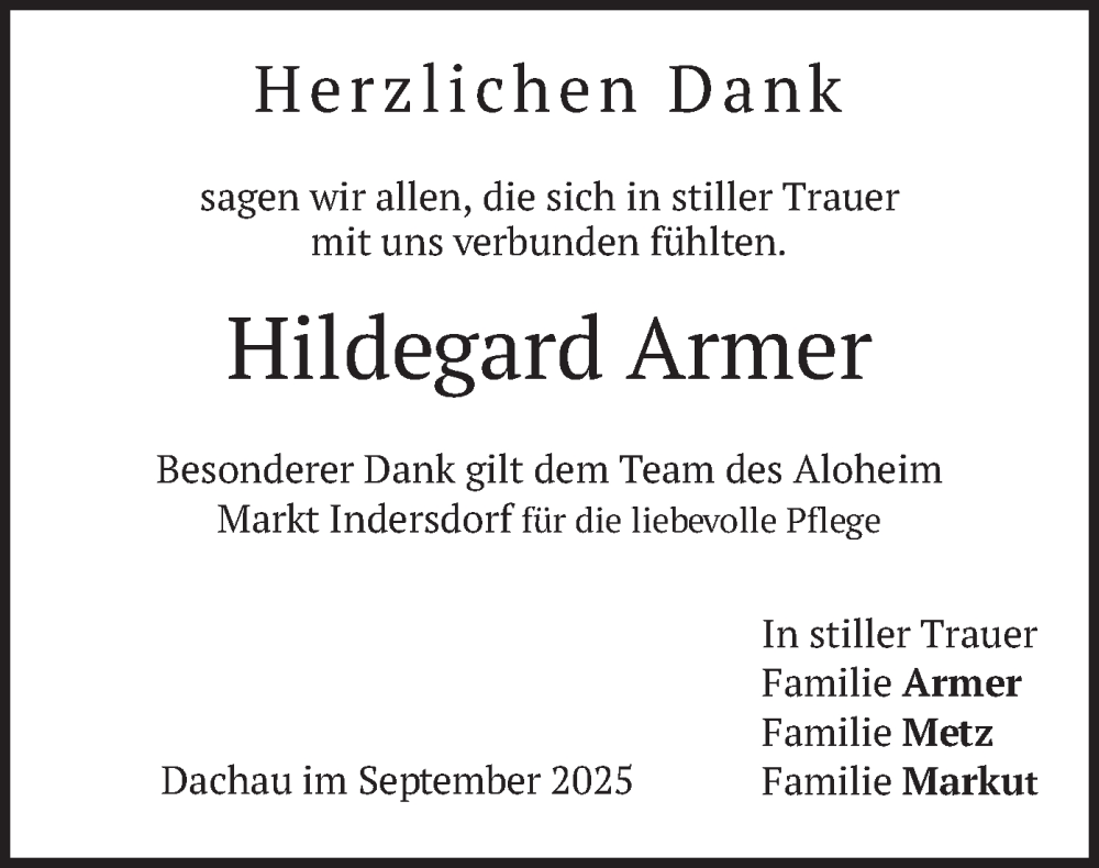  Traueranzeige für Hildegard Armer vom 27.09.2025 aus merkurtz