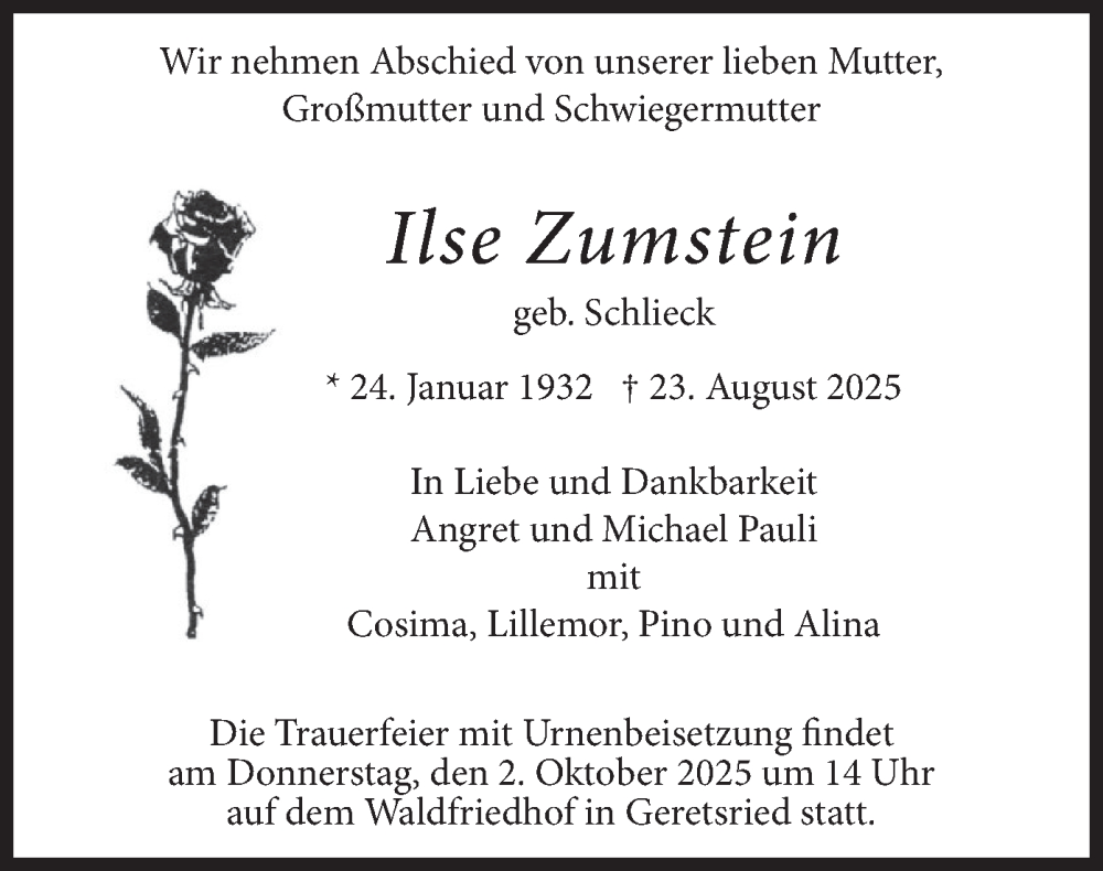  Traueranzeige für Ilse Zumstein vom 06.09.2025 aus merkurtz