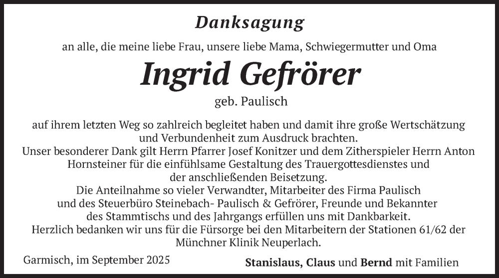  Traueranzeige für Ingrid Gefrörer vom 27.09.2025 aus merkurtz