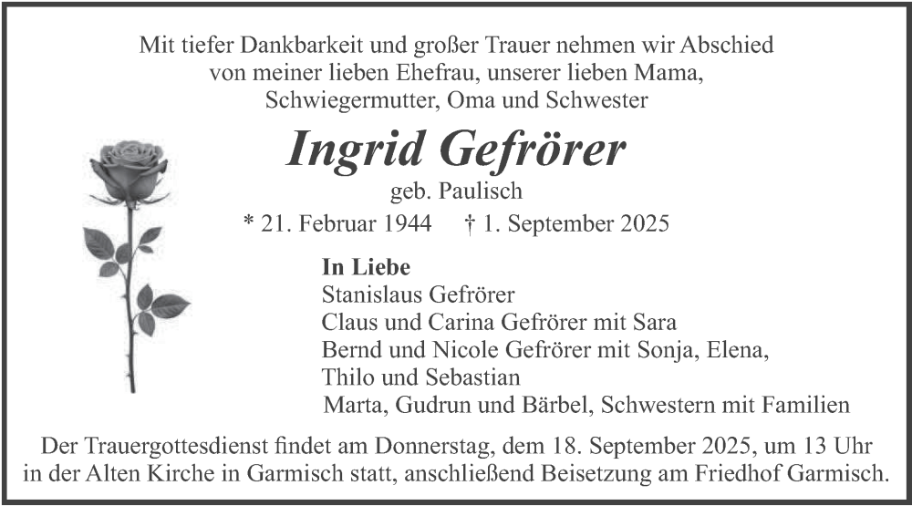  Traueranzeige für Ingrid Gefrörer vom 13.09.2025 aus merkurtz