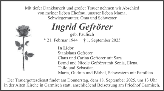 Traueranzeige von Ingrid Gefrörer von merkurtz