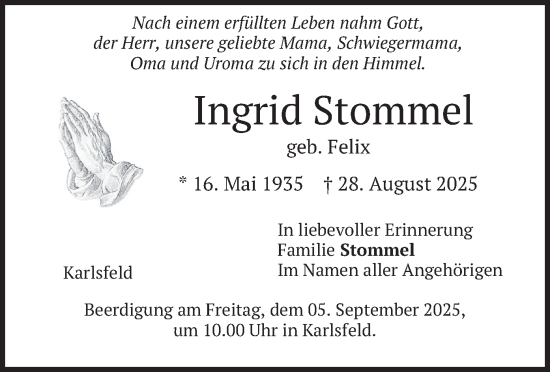 Traueranzeige von Ingrid Stommel von merkurtz