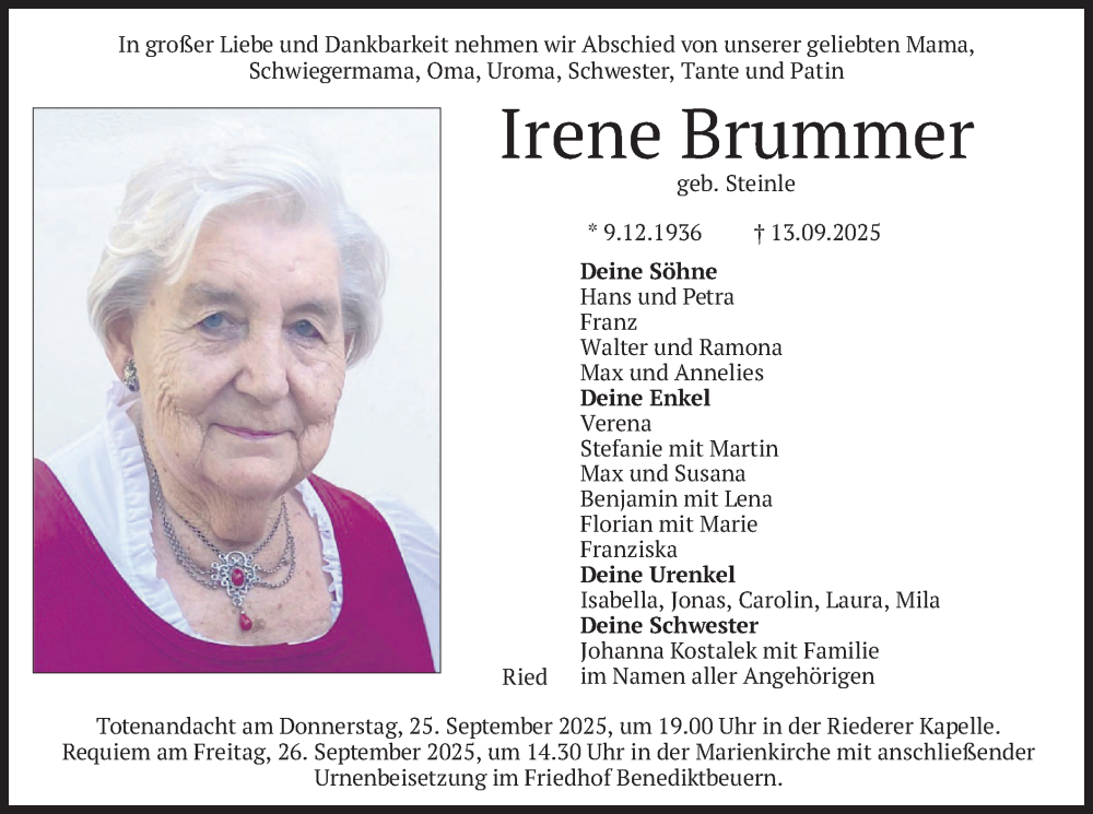  Traueranzeige für Irene Brummer vom 23.09.2025 aus merkurtz