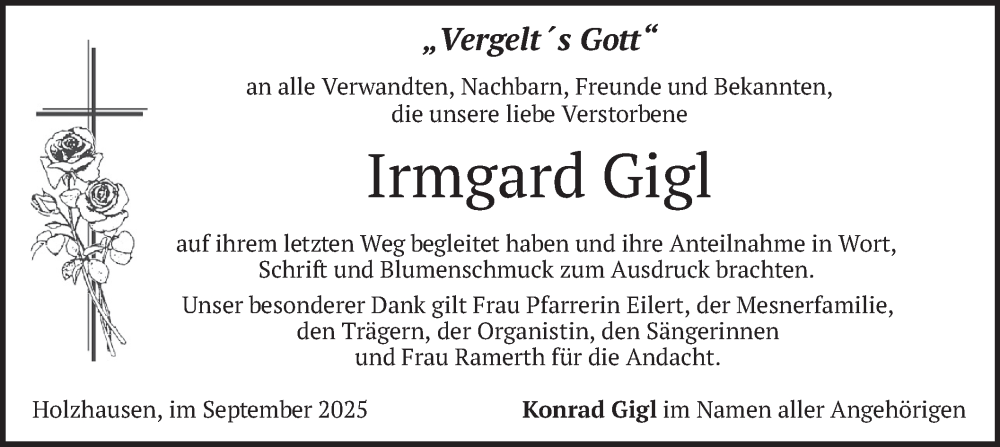  Traueranzeige für Irmgard Gigl vom 27.09.2025 aus merkurtz