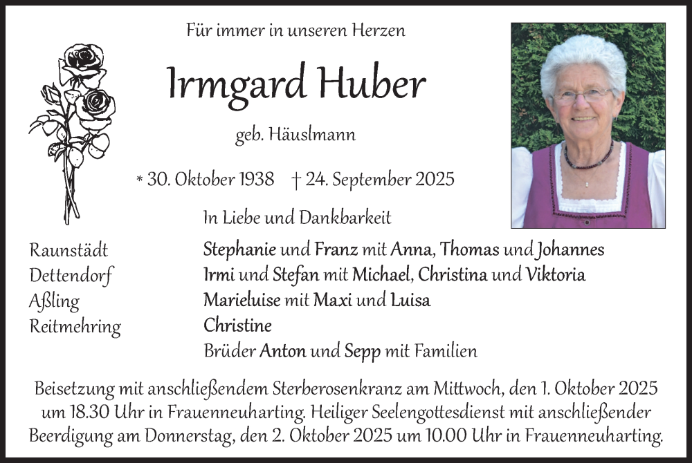  Traueranzeige für Irmgard Huber vom 27.09.2025 aus merkurtz