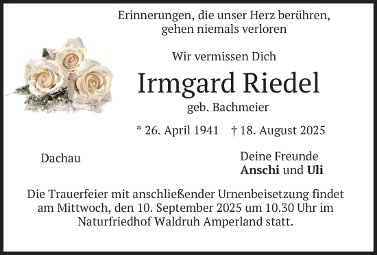 Traueranzeige von Irmgard Riedel von merkurtz