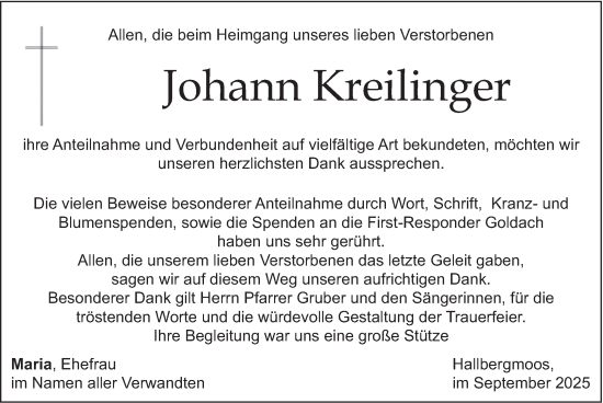 Traueranzeige von Johann Kreilinger von merkurtz