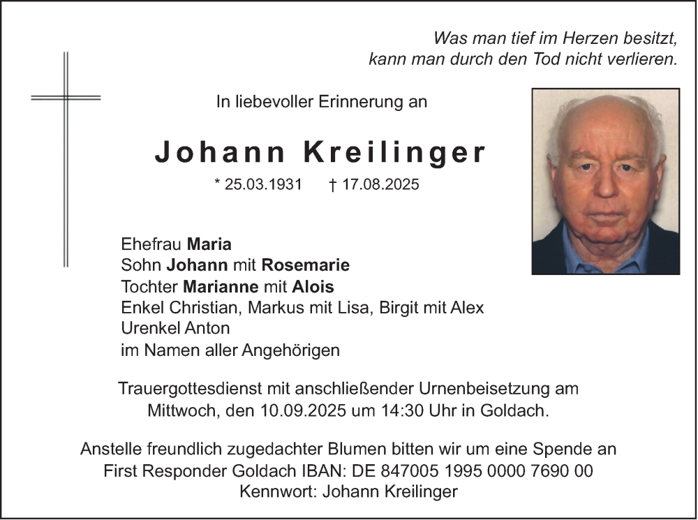  Traueranzeige für Johann Kreilinger vom 06.09.2025 aus merkurtz