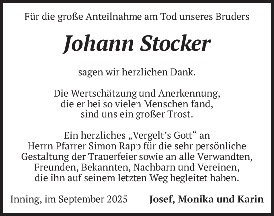 Traueranzeige von Johann Stocker von merkurtz