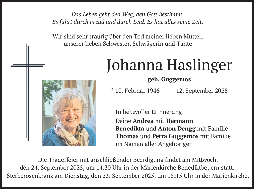  Traueranzeige für Johanna Haslinger vom 20.09.2025 aus merkurtz