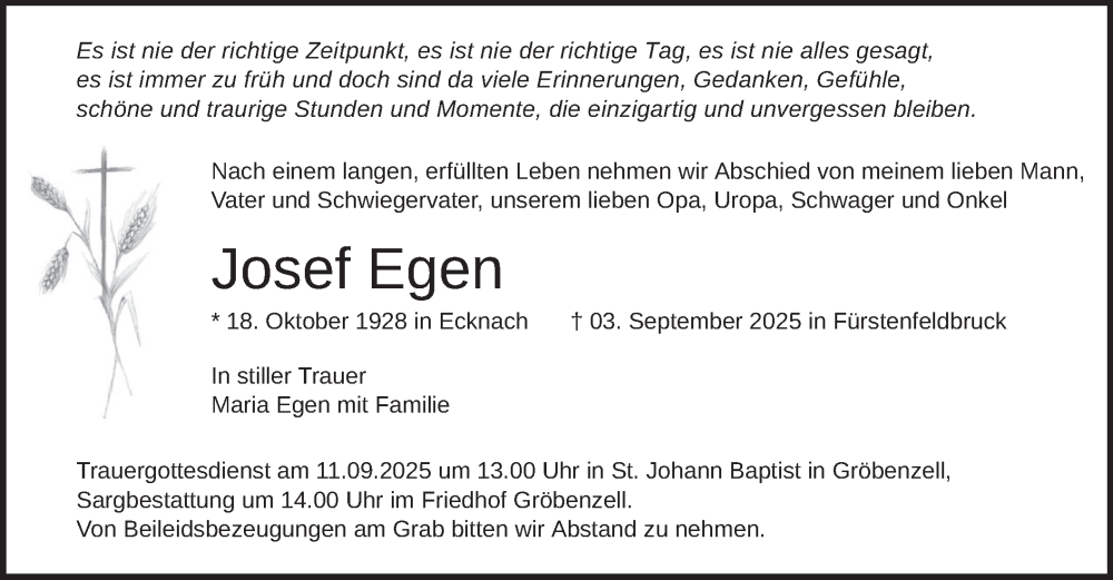  Traueranzeige für Josef Egen vom 06.09.2025 aus merkurtz