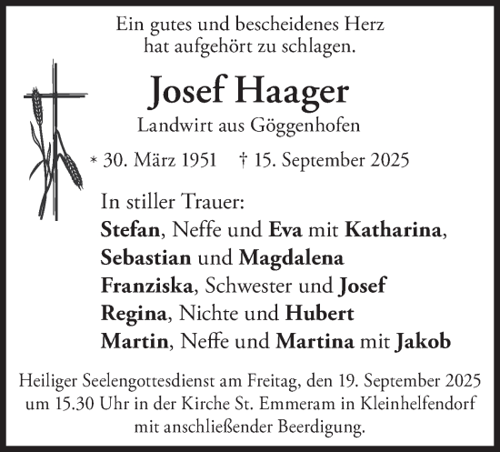 Traueranzeige von Josef Haager von merkurtz