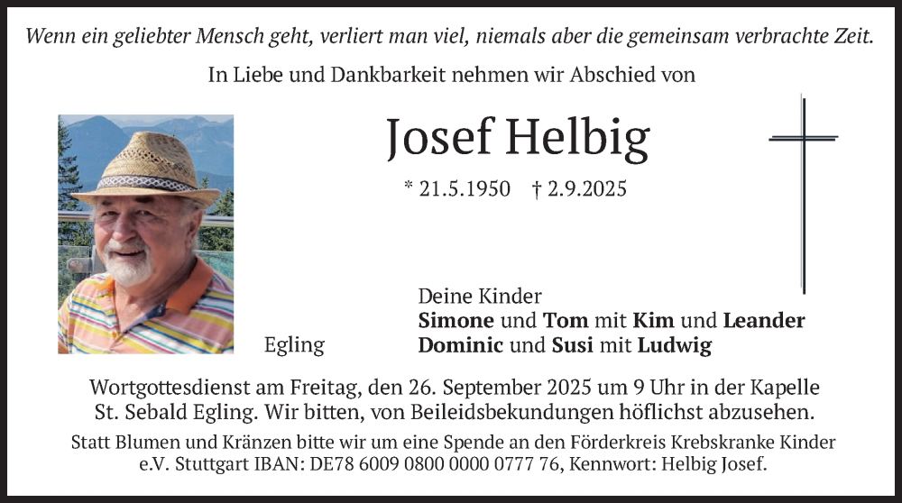  Traueranzeige für Josef Helbig vom 20.09.2025 aus merkurtz