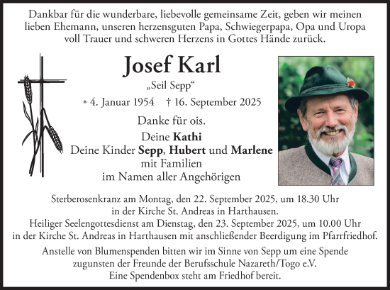 Traueranzeige von Josef Karl von merkurtz