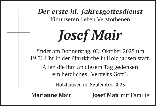 Traueranzeige von Josef Mair von merkurtz
