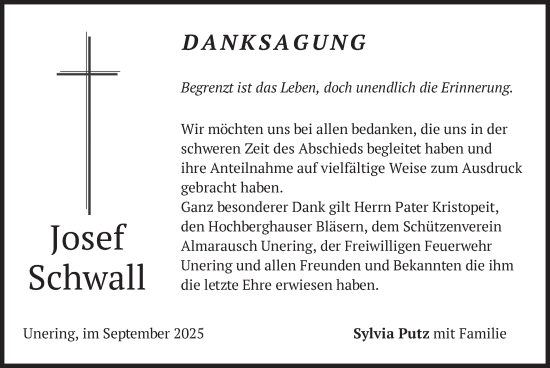 Traueranzeige von Josef Schwall von merkurtz