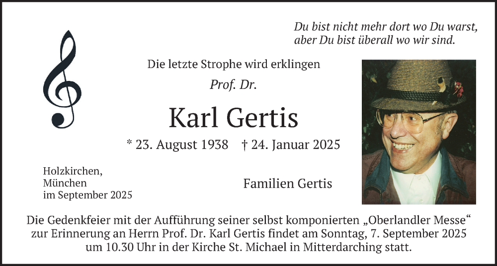  Traueranzeige für Karl Gertis vom 06.09.2025 aus merkurtz