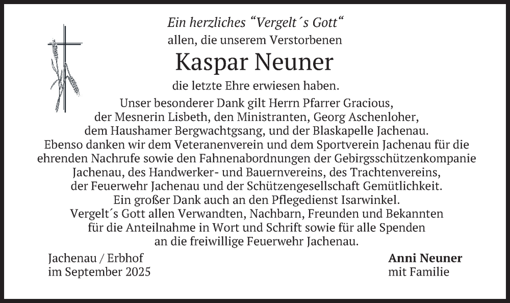  Traueranzeige für Kaspar Neuner vom 12.09.2025 aus merkurtz