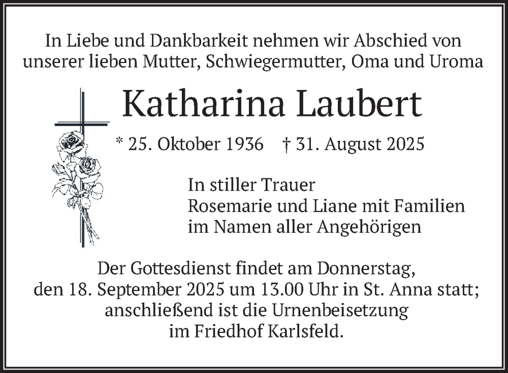  Traueranzeige für Katharina Laubert vom 13.09.2025 aus merkurtz