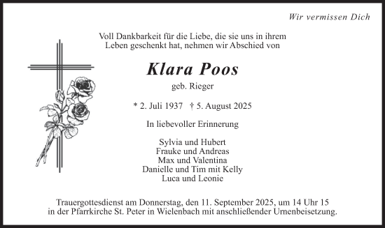 Traueranzeige von Klara Poos von merkurtz