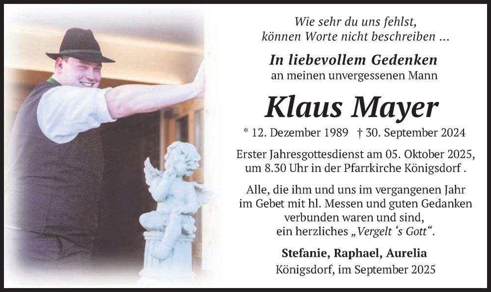  Traueranzeige für Klaus Mayer vom 30.09.2025 aus merkurtz
