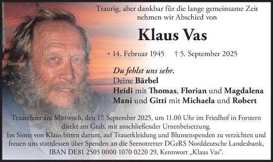 Traueranzeige von Klaus Vas von merkurtz