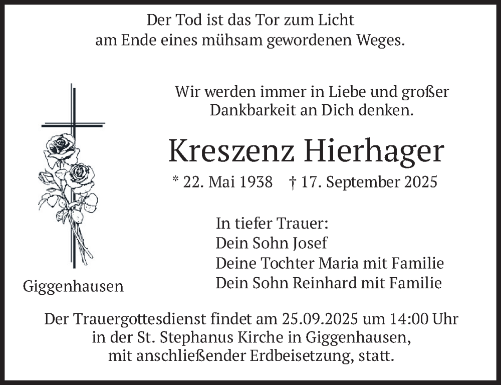  Traueranzeige für Kreszenz Hierhager vom 20.09.2025 aus merkurtz