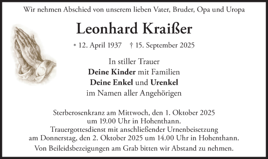 Traueranzeige von Leonhard Kraißer von merkurtz