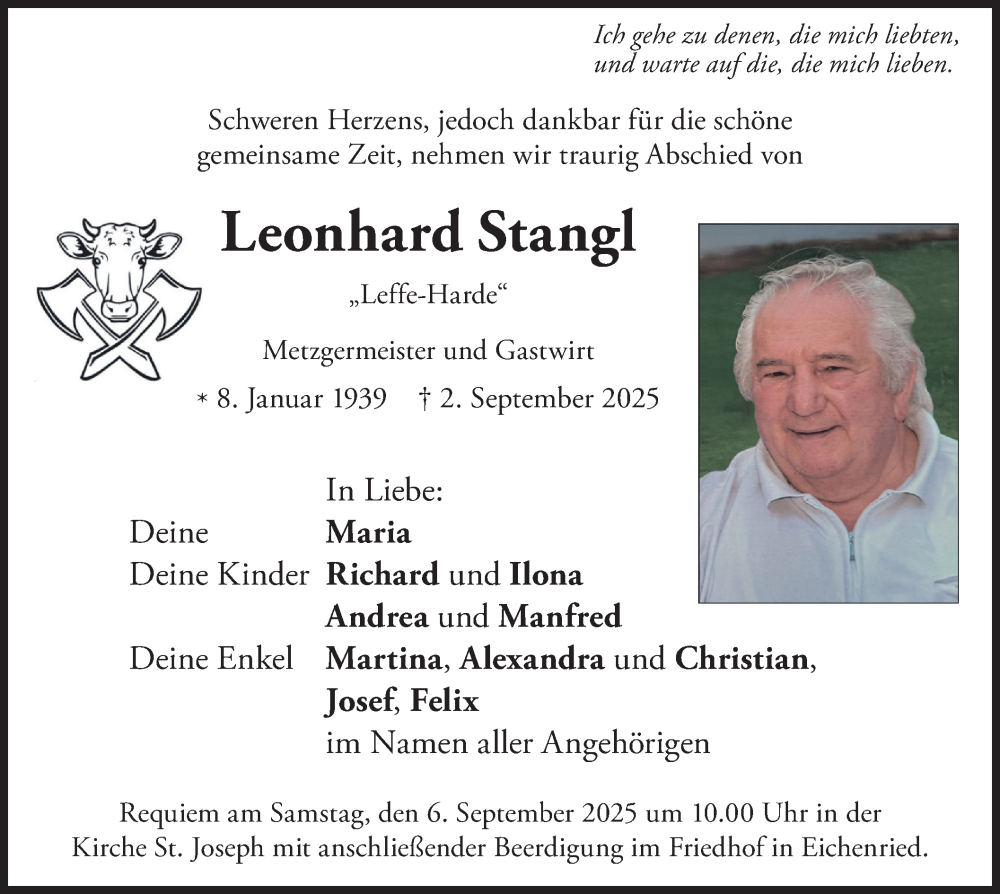  Traueranzeige für Leonhard Stangl vom 04.09.2025 aus merkurtz