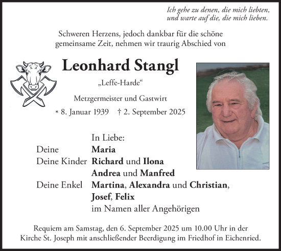 Traueranzeige von Leonhard Stangl von merkurtz
