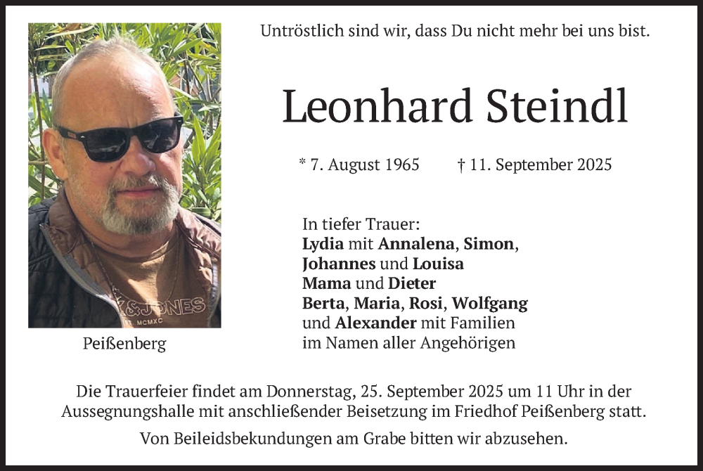  Traueranzeige für Leonhard Steindl vom 20.09.2025 aus merkurtz
