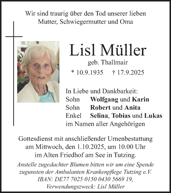 Traueranzeige von Lisl Müller von merkurtz
